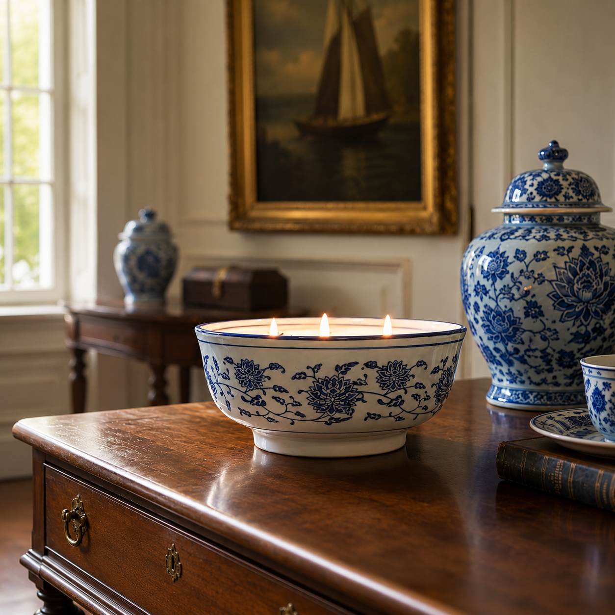 Blue and white bowl candle from Bashford and Pitt's Heirloom Collection